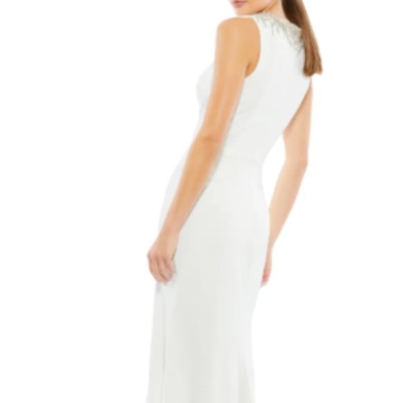MAC DUGGAL BEADED CRYSTAL COLLAR WHITE THIGH SLIT COLUMN GOWN sz 14 - Picture 3 of 4